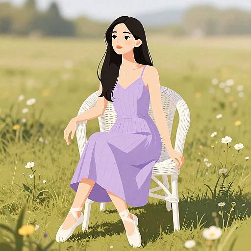 Digital illustration of a young woman with long black hair, wearing a lavender dress, sitting on a white wicker chair in a sunlit meadow with