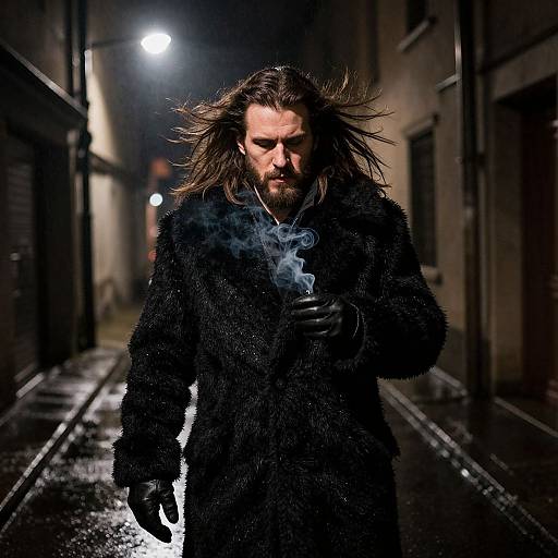 Photograph of a bearded man with long, wind-blown hair, wearing a black fur coat and gloves, smoking in a dim, rainy alley