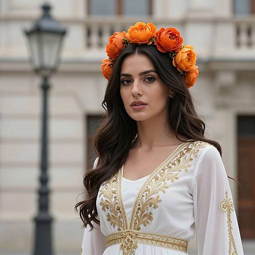 Elegant Woman in Embroidered White Dress