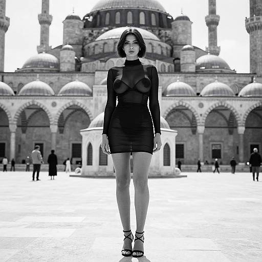 Black-and-white photograph of a woman in a sheer, long-sleeve, black mini-dress and high heels, standing in front of a grand