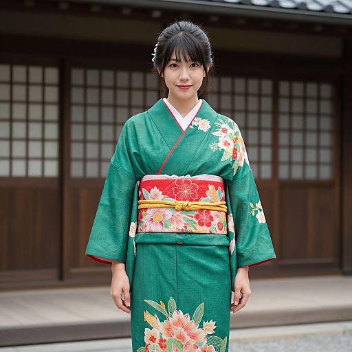 Photograph of an Asian woman in a green kimono with floral patterns, standing in front of a traditional wooden building.