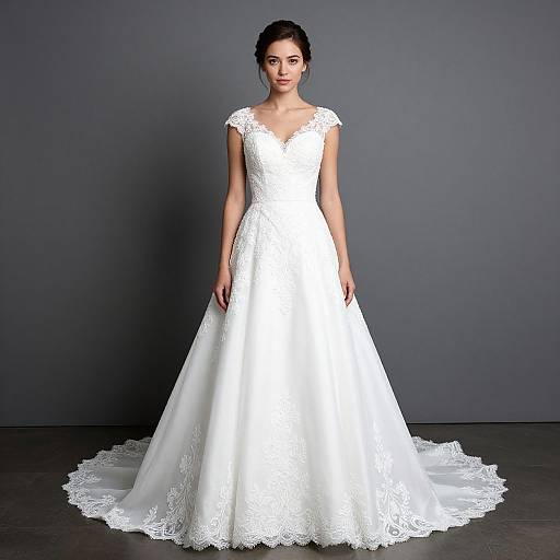 Photograph of a young Asian woman with dark hair in an elegant, white lace wedding dress with cap sleeves, standing against a gray background.