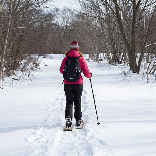 Photograph of a woman in a pink jacket, black pants, and red hat, hiking on a snowy, tree-lined path with ski poles.