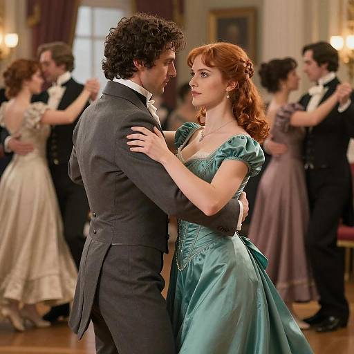 Photograph of a curly-haired man in a gray suit dancing closely with a red-haired woman in a teal ball gown in an elegant, dimly lit
