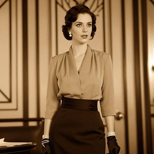 Vintage-style photograph of a fair-skinned woman with dark, wavy hair, wearing a tan blouse, black skirt, and black gloves, standing in