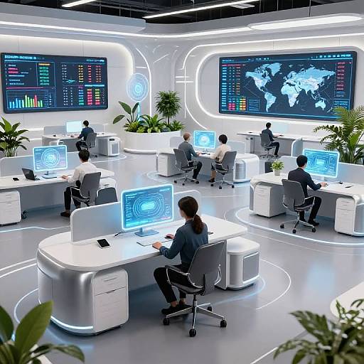 High-tech trading room with seven diverse professionals, illuminated white desks, and large digital screens displaying global markets and world map.