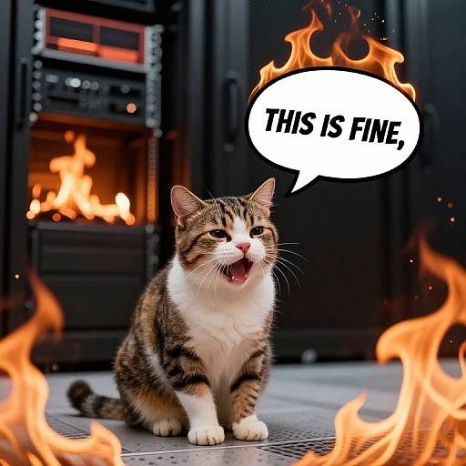 Photograph of a tabby and white cat sitting in front of a fireplace with flames, speech bubble saying 