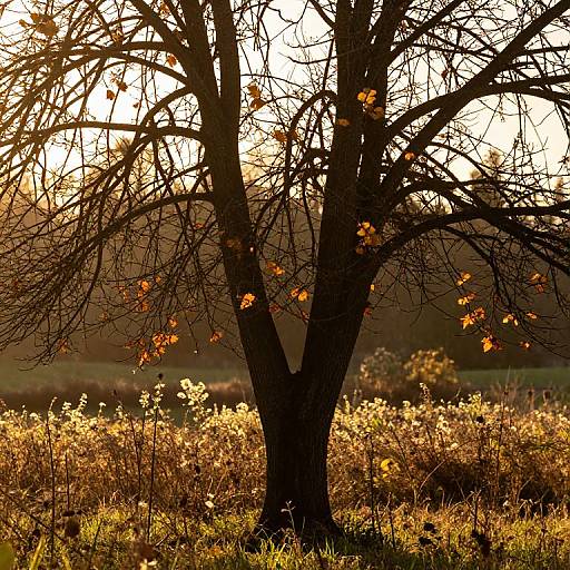 Photograph of a silhouetted, leafless tree with sparse autumn leaves, standing in a sunlit field of golden grasses and wildflowers
