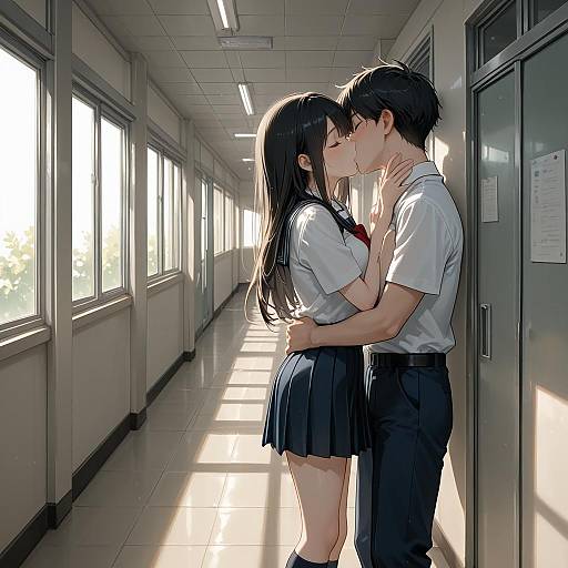 School Hallway Kiss in Uniform
