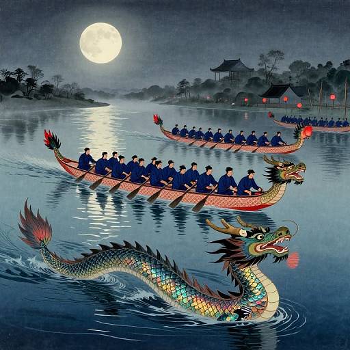 Ukiyo-e Dragon Boat Race Under Moonlight