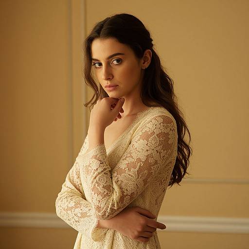 Photograph of a young woman with long, wavy brown hair, wearing a lace, cream-colored dress, standing against a beige wall, softly illuminated