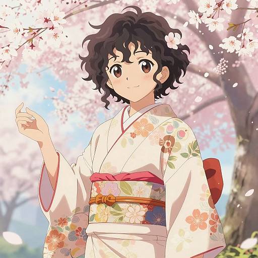 Curly Haired Anime in Floral Kimono