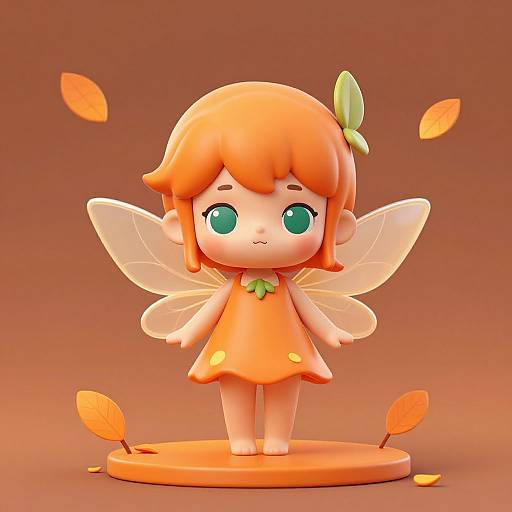Cute digital 3D illustration of a chibi-style orange fairy with green eyes, translucent wings, and a leafy hairpin, standing on