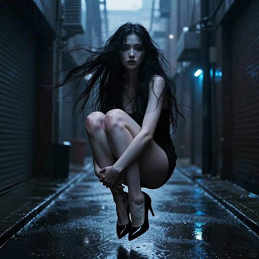 Ethereal Woman in Neon Rain Alley