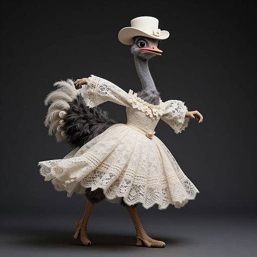 Digital CGI image of an anthropomorphic ostrich in a white, lace, Victorian-style dress and a white cowboy hat, posing gracefully against a dark background