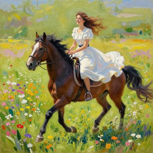 Bright, impressionistic painting of a woman in a flowing white dress riding a brown horse through a vibrant, colorful meadow.