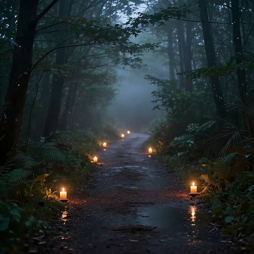 Misty Forest Path with Candlelight