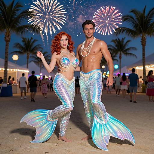 Photograph of a red-haired mermaid woman and a shirtless merman with iridescent tails, standing on a sandy beach at night, surrounded