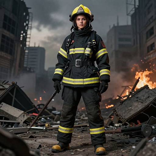 Photograph of a serious young firefighter in full gear standing amidst a burning, rubble-filled urban disaster, with dark, smoke-filled sky in the background.