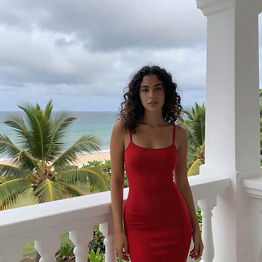 Elegant Woman in Tropical Balcony Scene
