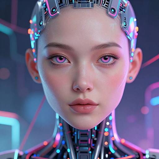 CGI image of a futuristic, cybernetic woman with glowing purple eyes, neon lights on her head and neck, and a sleek, robotic appearance