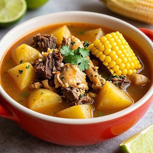 Photograph of a vibrant bowl of hearty beef stew with yellow potatoes, corn, and cilantro, set on a gray surface.