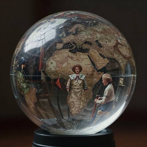Photograph of a glass globe with detailed world map, featuring a mid-20th century woman in uniform and an elderly man in white shirt, seated