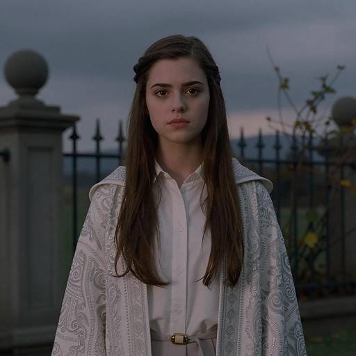 Young Woman in Ornate Cloak at Dusk