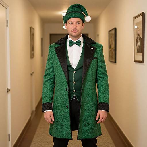 Photograph of a man in a green velvet coat, black vest, bow tie, and matching hat, standing in a hallway.