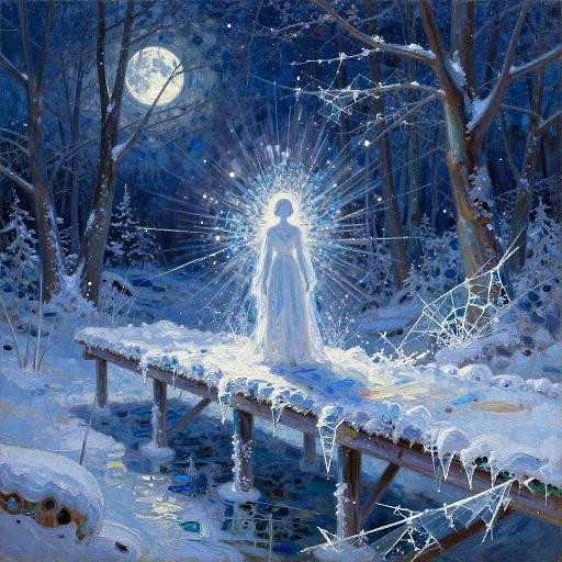 Digital fantasy artwork of a glowing, ethereal figure in a white dress standing on a snow-covered wooden bridge at night, surrounded by radiant light, with