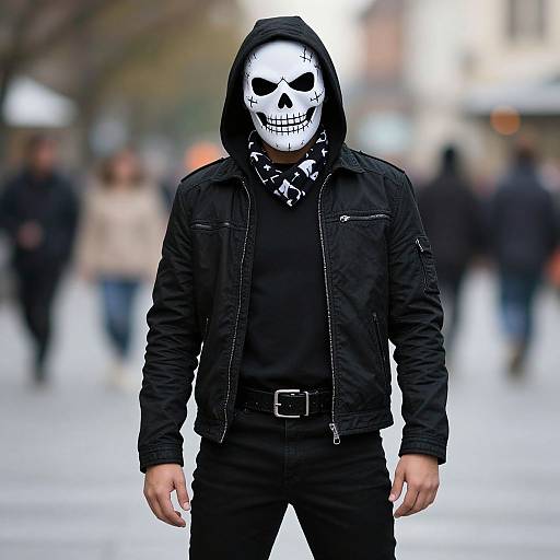 Photograph of a man in a black hoodie and jacket, white skull mask, standing in a blurred city street, with pedestrians in the background. Urban