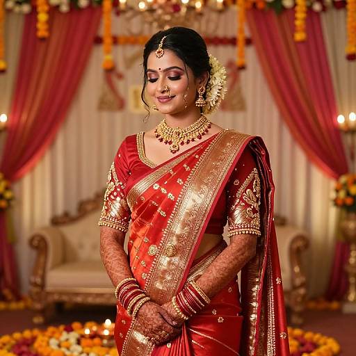 Photograph of an Indian bride in a red and gold traditional saree, adorned with gold jewelry, henna on her hands, and a floral hair