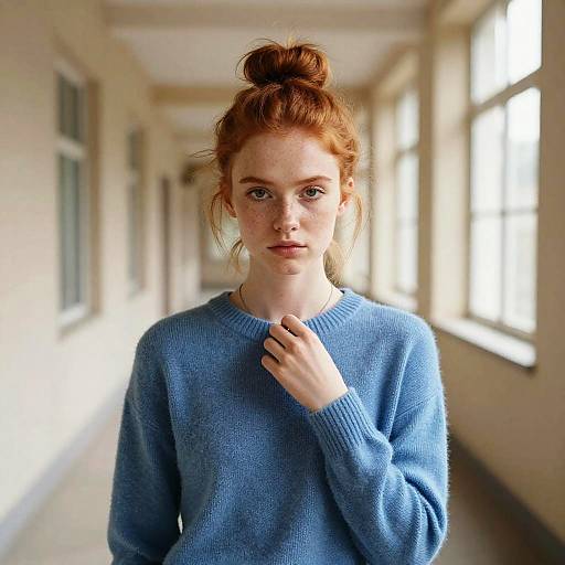 Photograph of a redheaded woman with freckles, wearing a blue knit sweater, standing in a sunlit hallway, hand near chest, hair