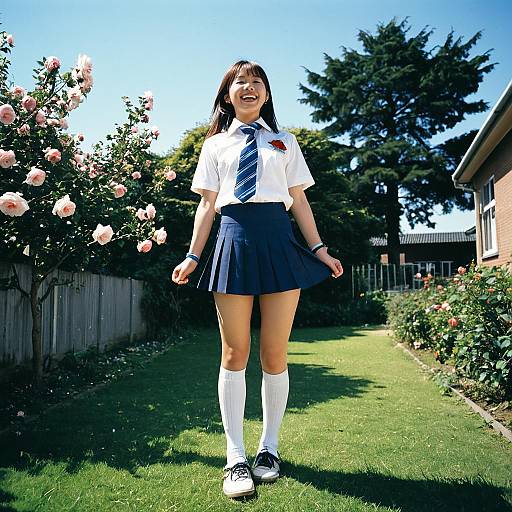 Photograph of a smiling Asian girl in a white shirt, blue tie, and skirt, white knee-high socks, black shoes, standing on a sunny