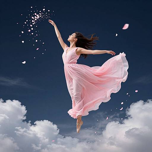 Photograph of a woman with long dark hair, wearing a flowing pink dress, dancing mid-air, petals scattering, against a deep blue sky with white