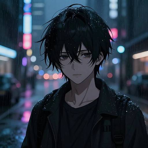 Digital anime artwork of a somber, black-haired young man with wet hair in a rainy, neon-lit urban street at night.