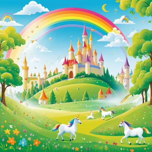 Children's fantasy castle with unicorns and rainbow
