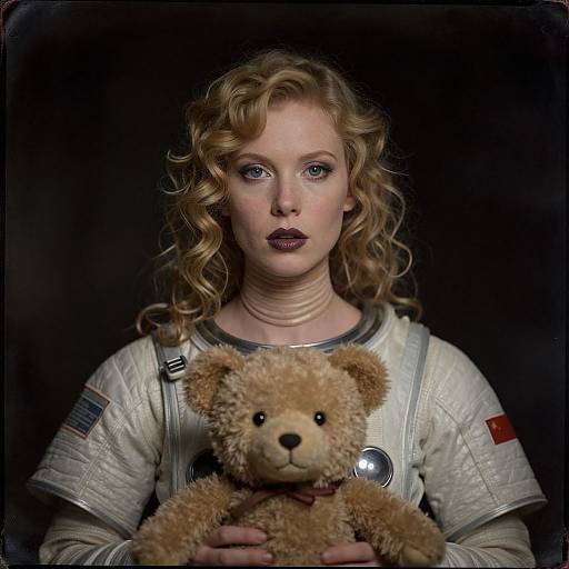 Photograph of a fair-skinned, blonde woman with curly hair, wearing a space suit, holding a tan teddy bear, against a dark background