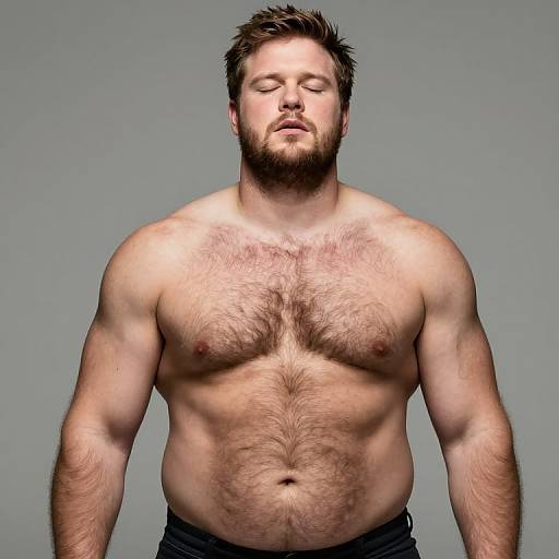 Photograph of a muscular, bearded, shirtless man with light skin, chest and arm hair, closed eyes, and relaxed expression against a gray