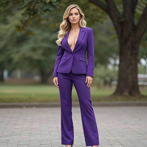 Photograph of a blonde woman with wavy hair, wearing a deep V-neck purple suit, standing confidently in a park. Background features green trees and