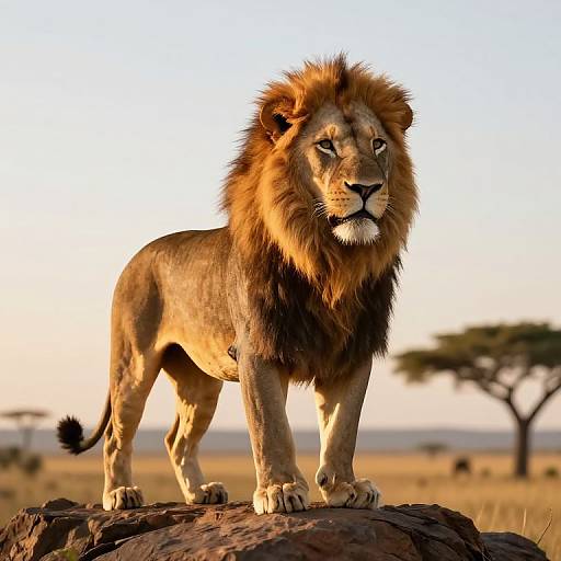 Photograph of a majestic male lion with a thick, dark brown mane standing on a rock in a sunlit savanna, with a blurry tree and