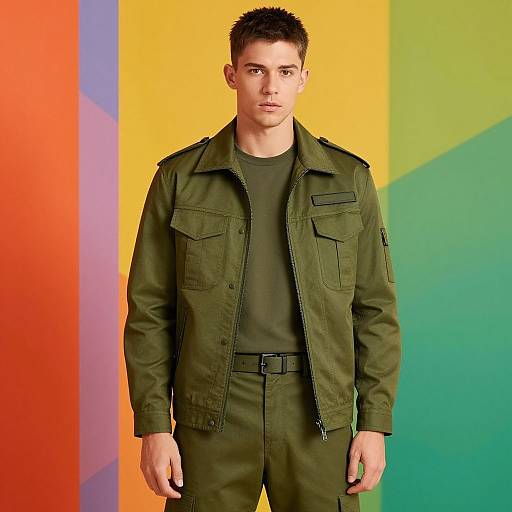 Confident Young Man in Military Fashion