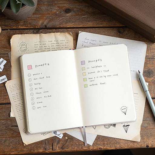 Open notebook with checklists on rustic wooden table, surrounded by handwritten notes and a pen, with potted plant in corner.