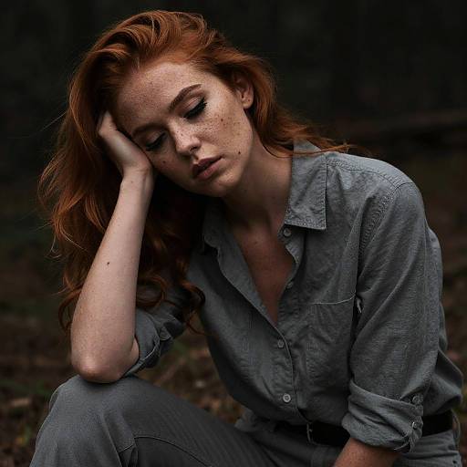 Photograph of a melancholic red-haired woman with freckles, wearing a gray button-up shirt and pants, sitting in a dark forest, resting