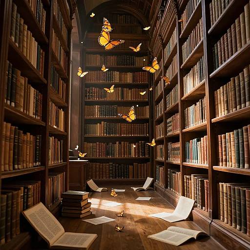 Photograph of a dimly lit, wooden library with towering bookshelves, open books on the floor, and floating orange butterflies.