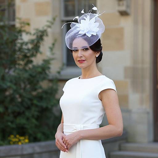 Photograph of a slender woman with fair skin, dark hair in an updo, wearing a white dress and white netted fascinator, standing outdoors