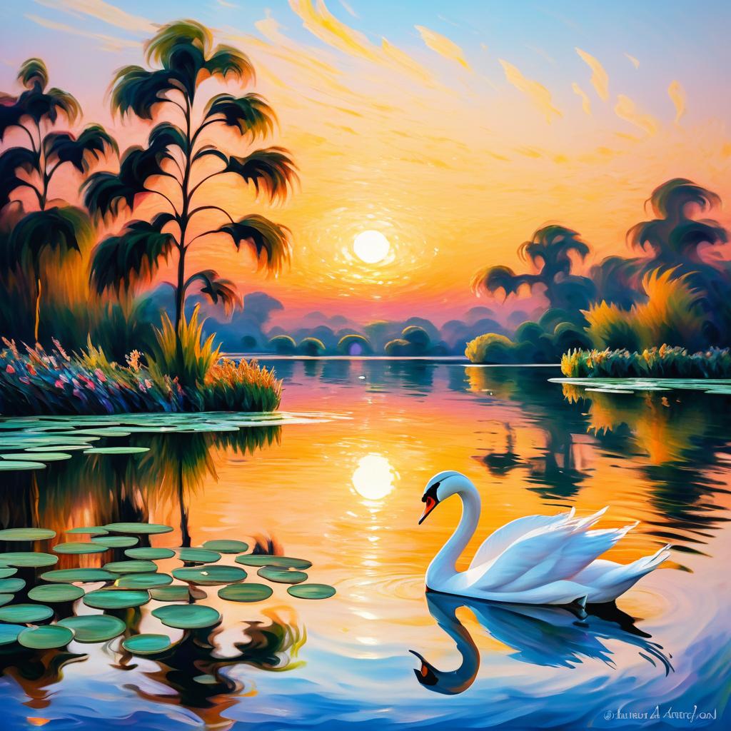 Graceful Swans on a Serene Sunset Lake