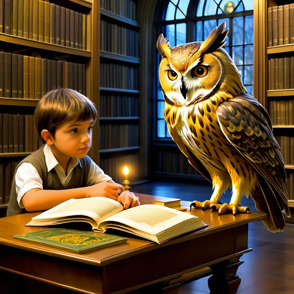 Wisdom in a Library: Owl and Boy