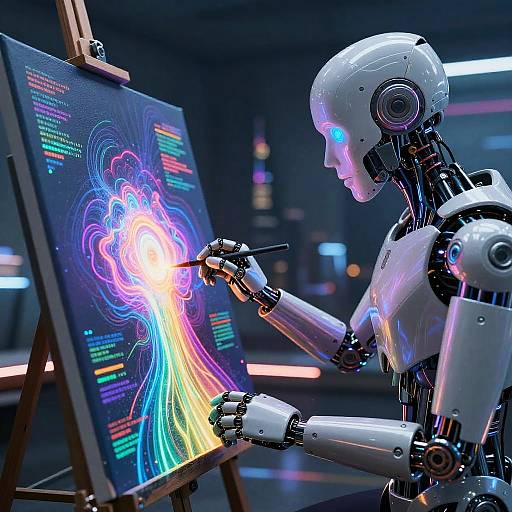 Photorealistic digital artwork of a white robotic artist painting a vibrant, neon rainbow abstract on an easel in a futuristic, dimly lit studio.