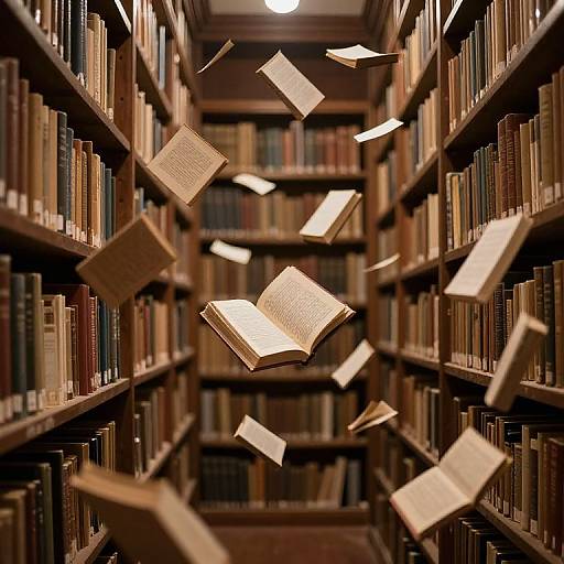 Photograph of a library aisle with floating, flying open books, surrounded by dark wooden bookshelves filled with various colored books.